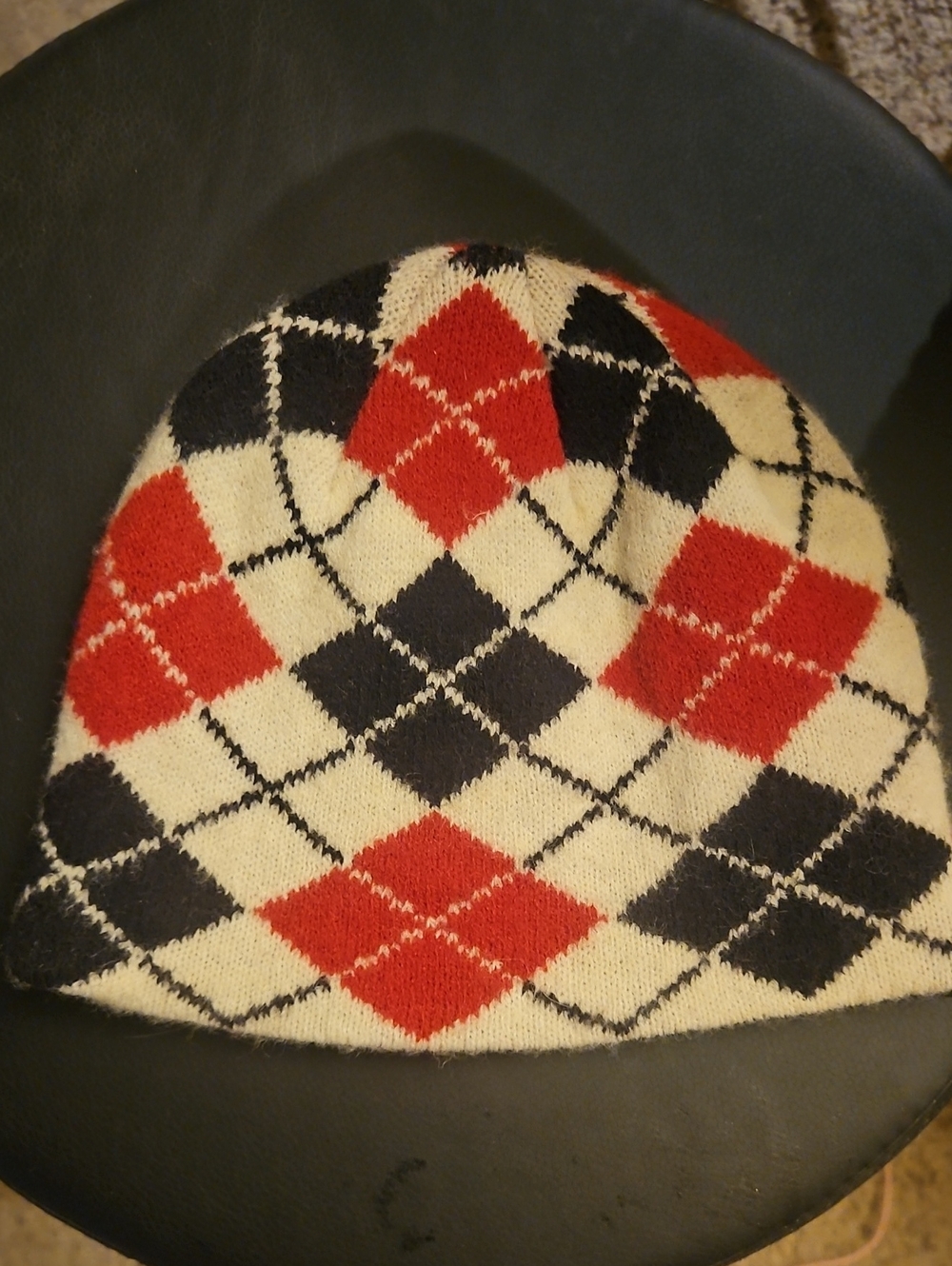 Argyle Knit Beanie Hat - Red, Black & Cream